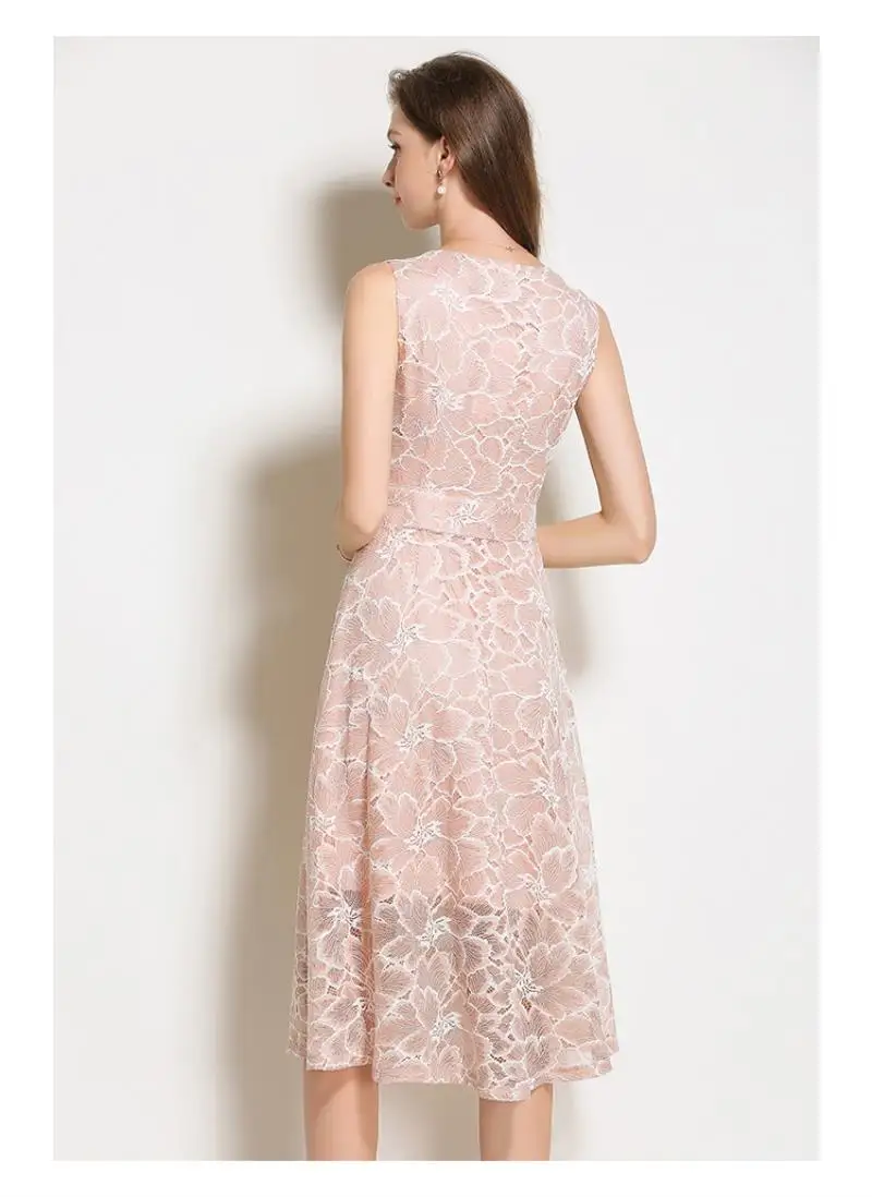 2018 Summer Lace Dress Work Casual Slim Work Women Party Dresses V-neck Sexy Hollow Out A-line Vintage Vestidos