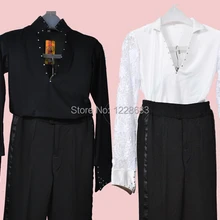 Лидер продаж, стразы, кружевные рукава, черные, белые рубашки для латинских танцев, Мужские штаны для латинских танцев/костюмы для латинских танцев для мальчиков