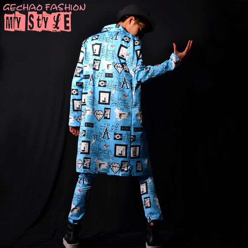 S-5XL Новая мужская одежда певица Мода Тонкий DJ длинные каракули рубашка плюс размер мужские рубашки певица сценические костюмы