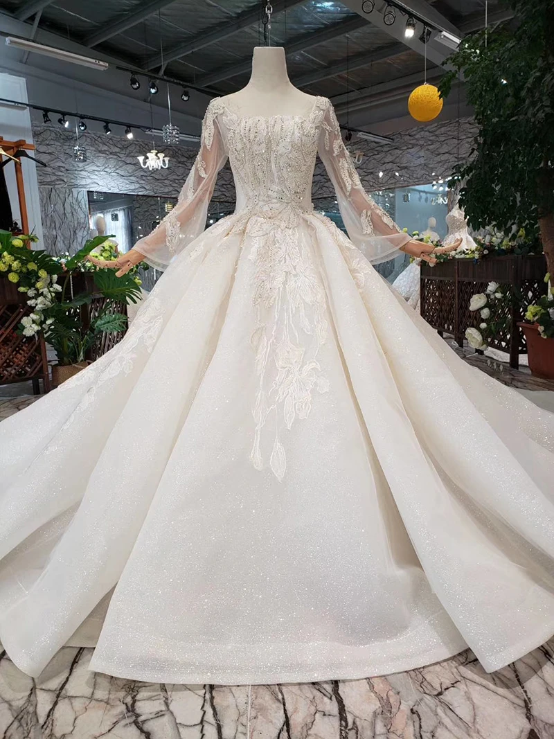 long sleeves ball gown square neck wedding dress with train HTL331 (16)