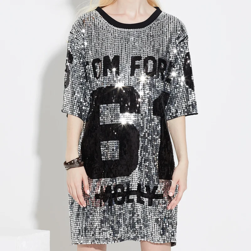 

Chic Sequins T-Shirts Sequined Hip Hop Bling Tees Woman Oversized Half Sleeve O-Neck Shirt Stage Dance Show Club Party Tops
