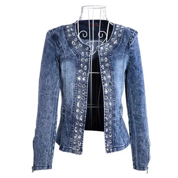 2019 New Female Rhinestone Denim Jackets Vintage Diamond Casual Single Breasted Coat Denim Jeans Jacket For Outerwear Plus Size