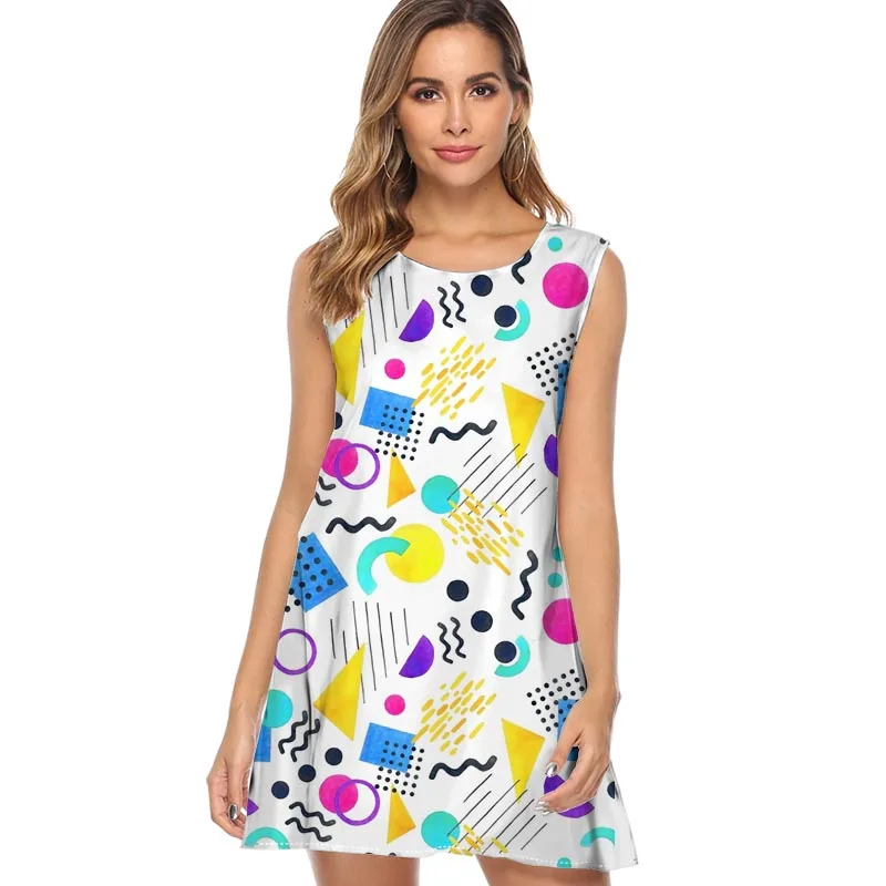 

Memphis colorful Brief Geometric Print Summer Dress 2019 New Style Sleeveless Casual Dress for Women A line Cute Mini Dresses