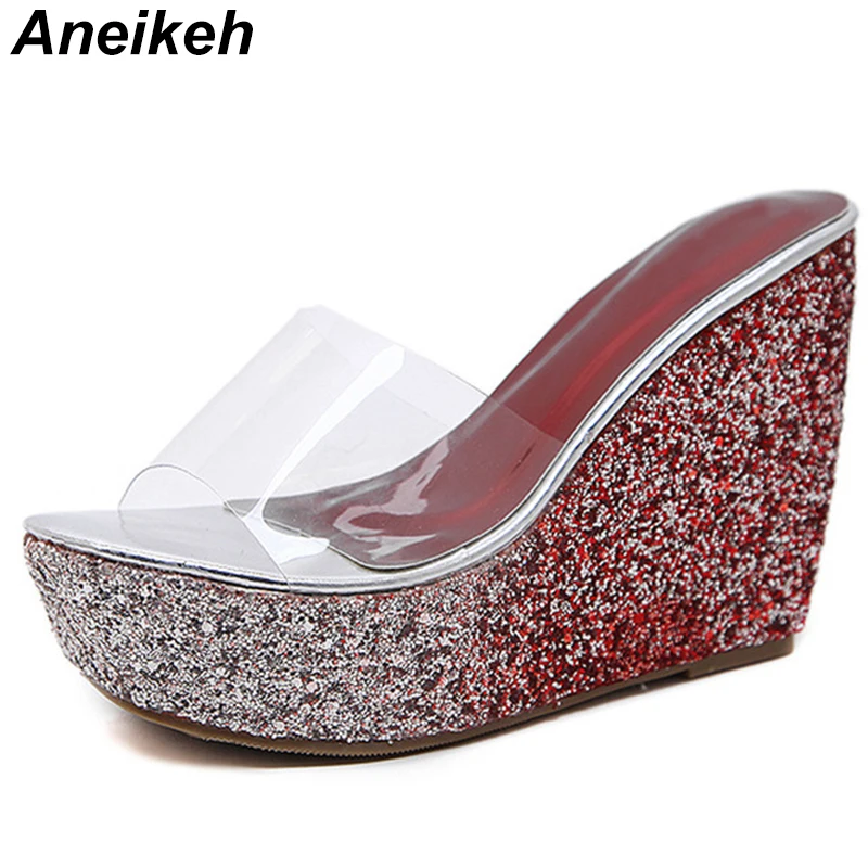 

Aneikeh 2019 Summer Sandals slippers Fashion Basic Wedges Platform Heel High Heel Shoes Open toe Women's slippers Lady Shoes