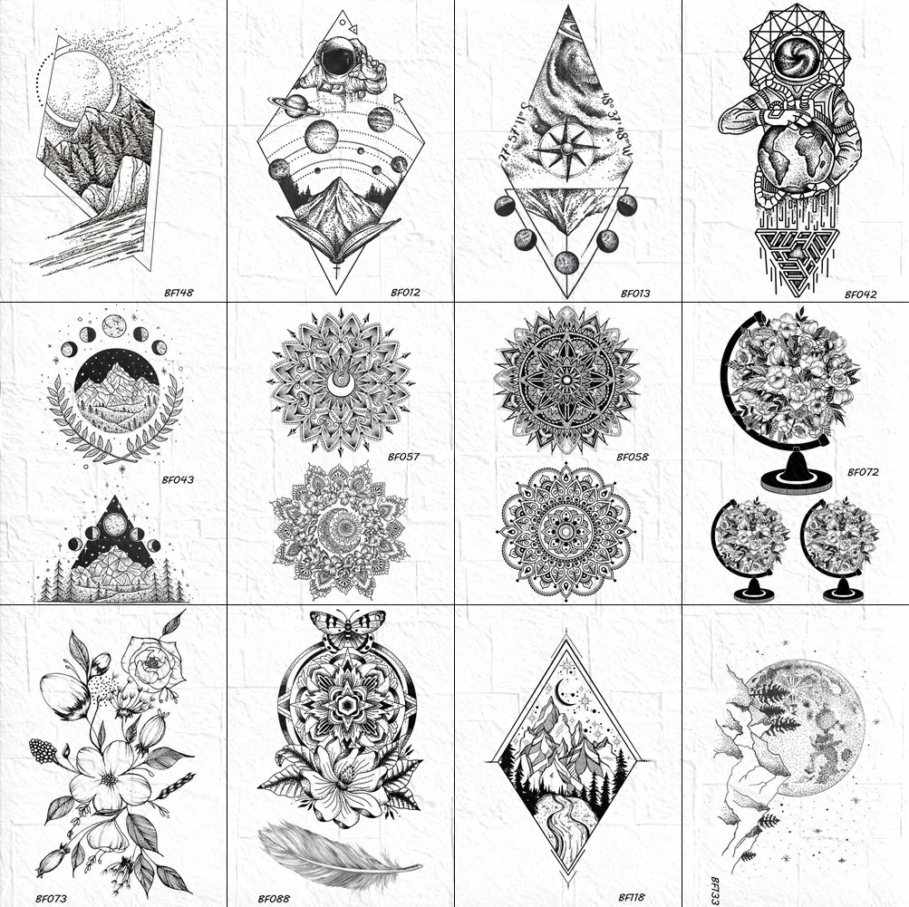 Черный Эскиз книги серьги Henna Mandala временные тату для женщин блестящего цвета