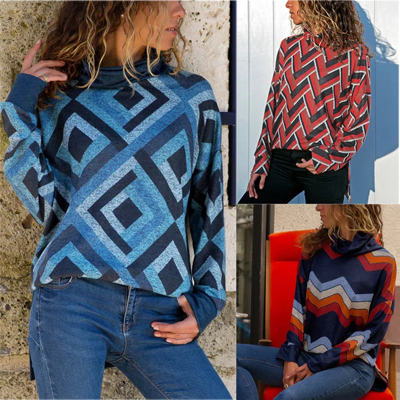 2018 весна осень зима женская тонкая Мода повседневное с длинным рукавом геометрический водолазка пуловеры для женщин свитер Пуловеры # SSA
