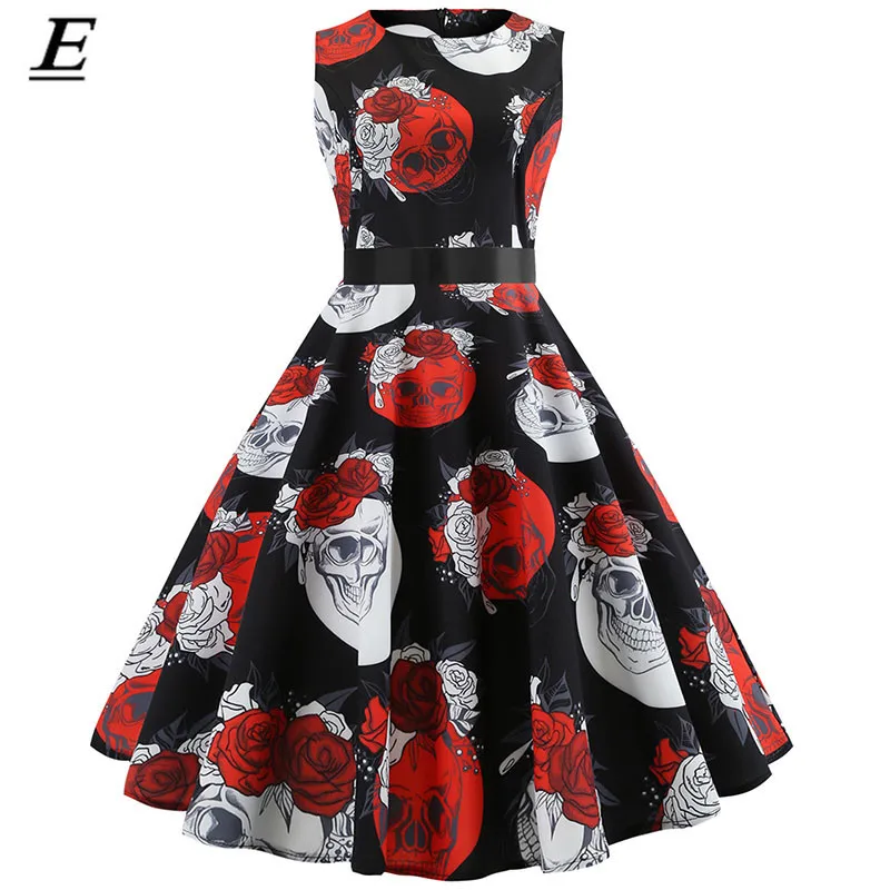 

Summer Dress Elegant Women Vintage 50s 60s O-neck Skull Print Dress Retro Hepburn Swing Rockabilly Pin Up Midi Dress Plus Size