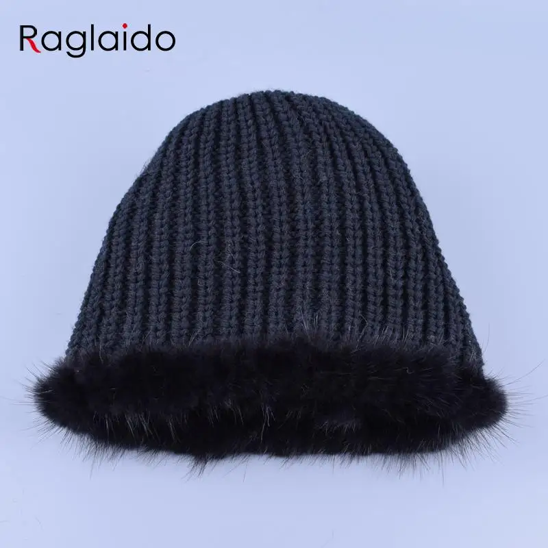 Raglaido шапки для женщин меховые Mink Fur Hat pompom caps Помпон Настоящее Норки Меховые Шапки для Женщин С Лисой Меха Помпонами Вязаная Зимняя Шапочки Cap Сгущает Марка Cap LQ11192