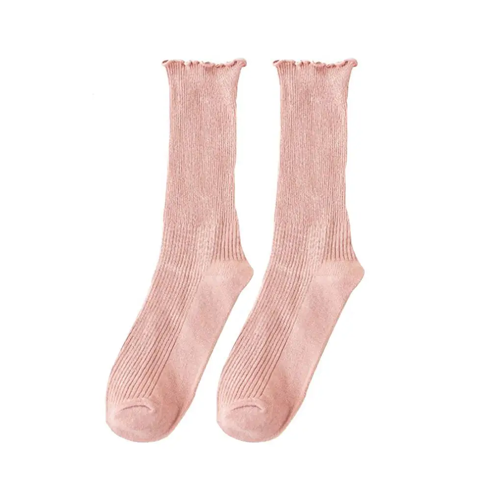 Осень-зима, кружевные носки с оборками, Хлопковые женские носки до лодыжки с милыми оборками, милые повседневные короткие женские винтажные носки без пятки - Цвет: Pink
