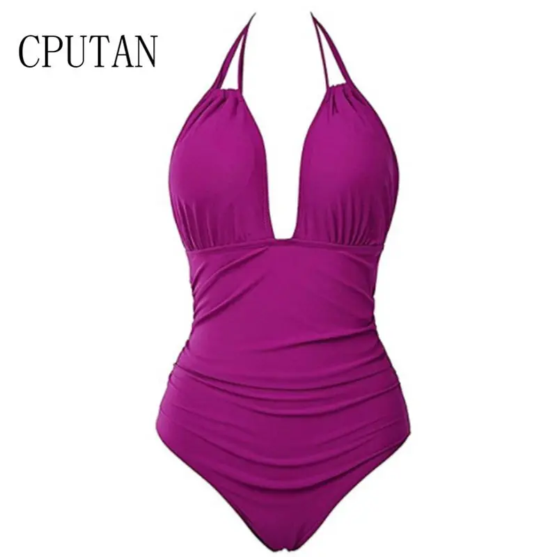 CPUTAN 2020 Women Vintage Dots One Piece Swimwear Backless Tummy Control Monokini Swimsuit Halter Push up Bathing Plus Size 4XL
