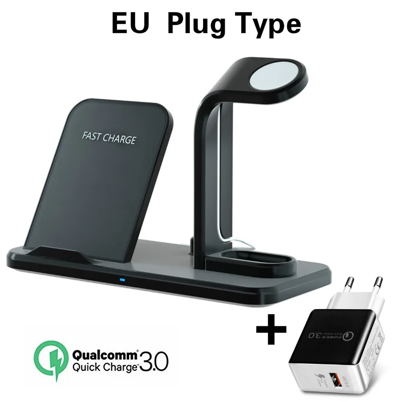 Беспроводное зарядное устройство 3 в 1 для iWatch4 3 2 1 Подставка для зарядки Qi быстрозарядная станция база для iPhoneX 8 Plus XS XR зарядное устройство для airpods - Цвет: BLack EU