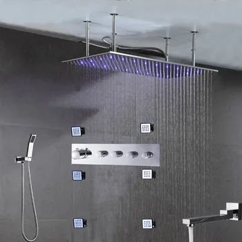

High End Bathroom Shower Head Set 400*800mm 304SUS Brush LED Shower System With 4 Ways Thermostatic Shower Mixer Set chuveiro