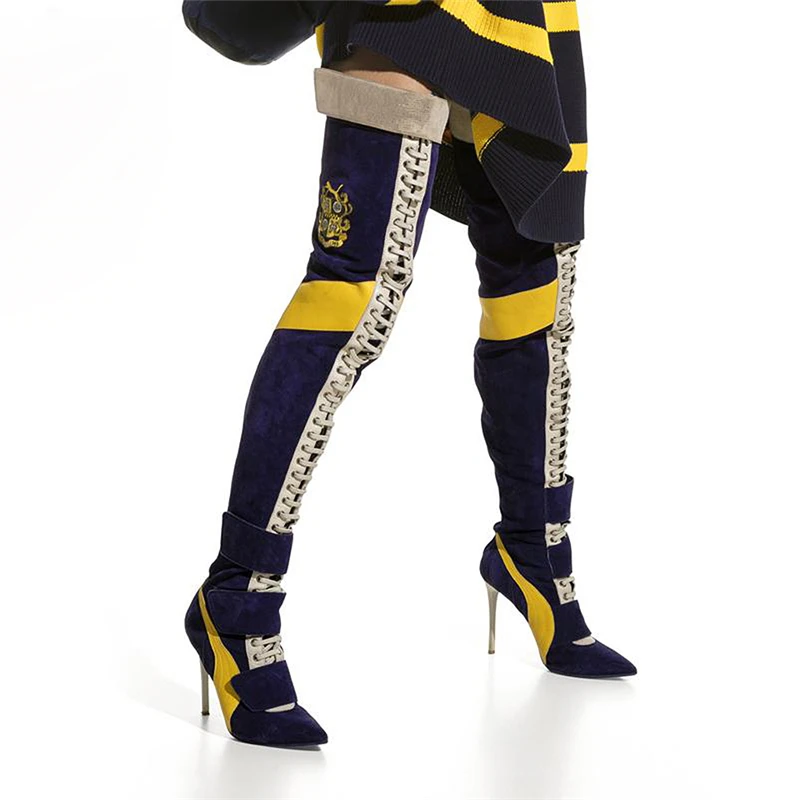 

new Blue Over the Knee Boots cross tied 10 cm super high Heels Thigh High Boots Women 2018 runway T- show patchwork long Booties