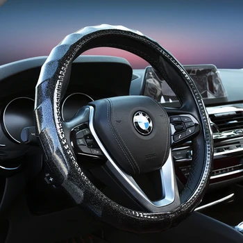 

KKYSYELVA 38cm Auto Steering-Wheel Black Universal Car Steering Wheel Cover Leather Steering Covers Car Interior Accessories