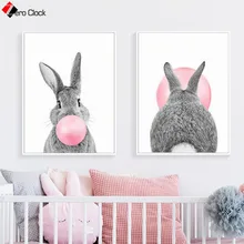 Bunny Rabbit Print Pink Bubble Gum Poster Minimalist Canvas Painting Baby Animals Wall Art Nursery Kids Room Decoration Pictures