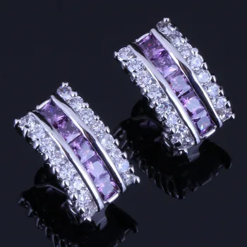 

Fabulous Square Purple Cubic Zirconia White CZ 925 Sterling Silver Clip Hoop Huggie Earrings For Women V0380