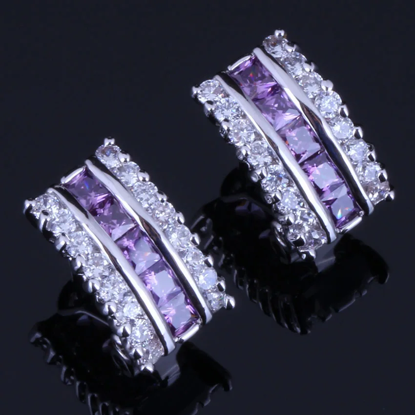 Fabulous Square Purple Cubic Zirconia White CZ Silver Plated Clip Hoop Huggie Earrings V0380 | Украшения и аксессуары