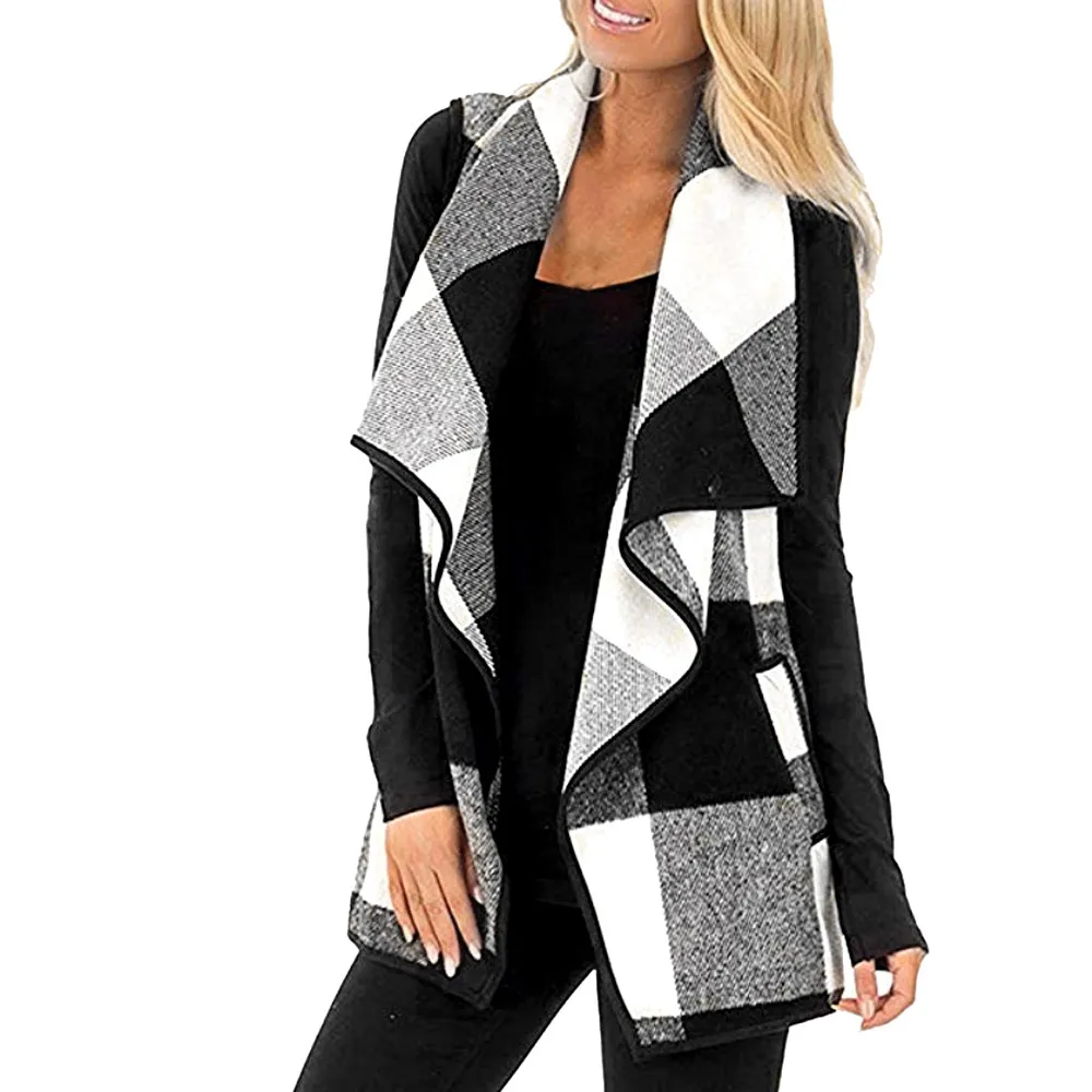 RNTOP Women Ladies Fashion Plaid Open Front Sleeveless Vest Cardigan Tunic Coat Pockets