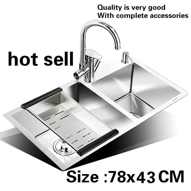 

Free shipping Household luxury kitchen manual sink double groove wash the dishes standard 304 stainless steel hot sell 78x43 CM