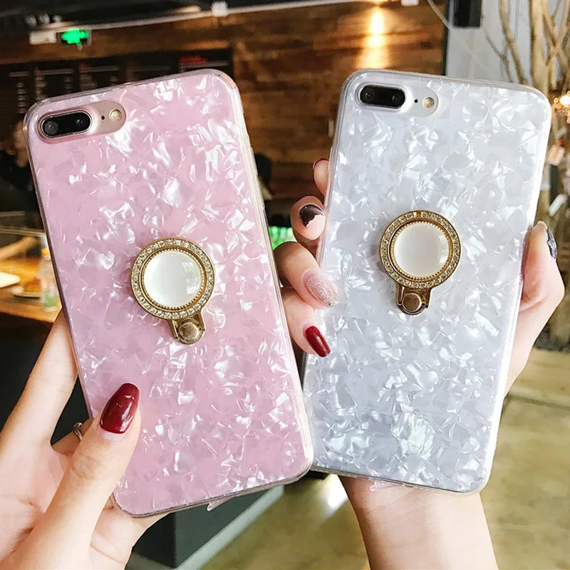 

Bling Conch Ring Holder Phone Case For iphone X Case For iPhone X 6 6S 7 8 Plus Fashion Girl Style Foil Back Cover Cases