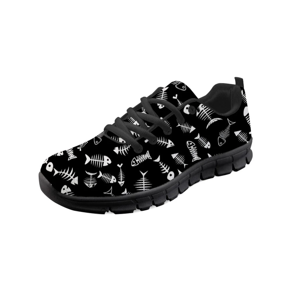 

ThiKin Sneakers Print Black Fish Bones Flat Walking Shoes Personalized Women Lace-up Leisure Shoe Teen Girls Fashion Sneaker