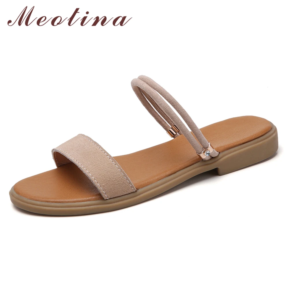 

Meotina Women Shoes Summer Sandals Rinestone Flat Casual Shoes Fashion Open Toe Sandals Ladies New Slides Black Apricot Size 5-9