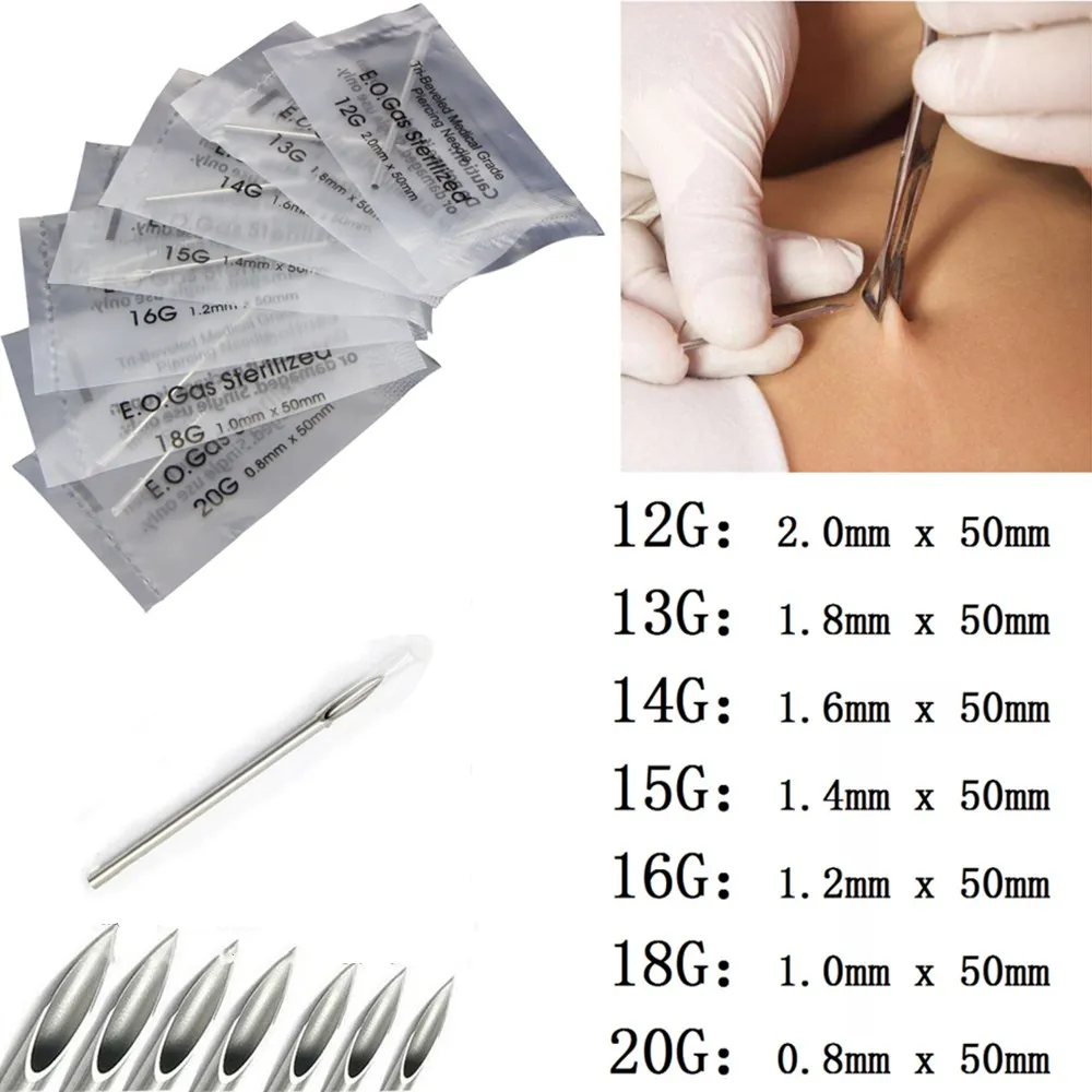 100Pcs/lot Disposable Sterile Body Piercing Needles Medical Tattoo For Navel Nipple Ear Nose Lip 12g/13g/14g/15g/16g/18g/20g|Аксессуары