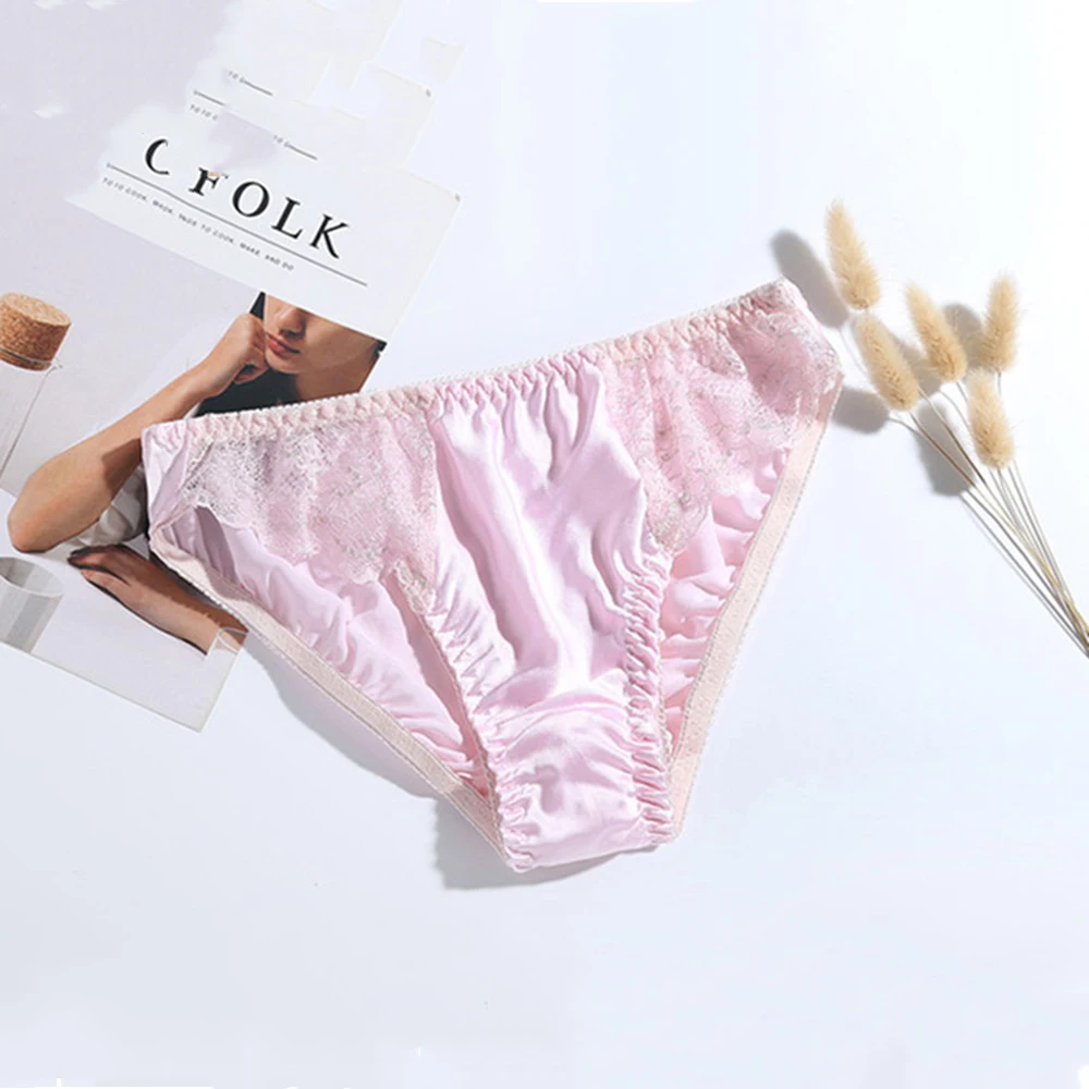 

Women Sexy Lace Underwear Seamless 100% Silk Ladies Briefs Female Pink Lingerie Absorbing Breathable Sweet Puls Size Girls 2019