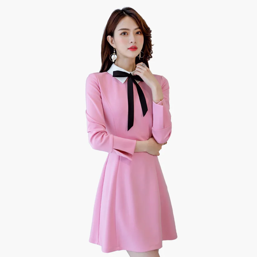 

Pink Patchwork Preppy Style Bodycon Dress 2018 Spring Peter Pan Collar Long-sleeved Bow Vestidos Party Dresses