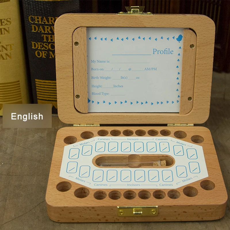 English Wood Baby Teeth Box Save Milk Teeth Wood Storage Collecting Teeth Umbilical Cord Lanugo Baby Souvenirs baby teeth box