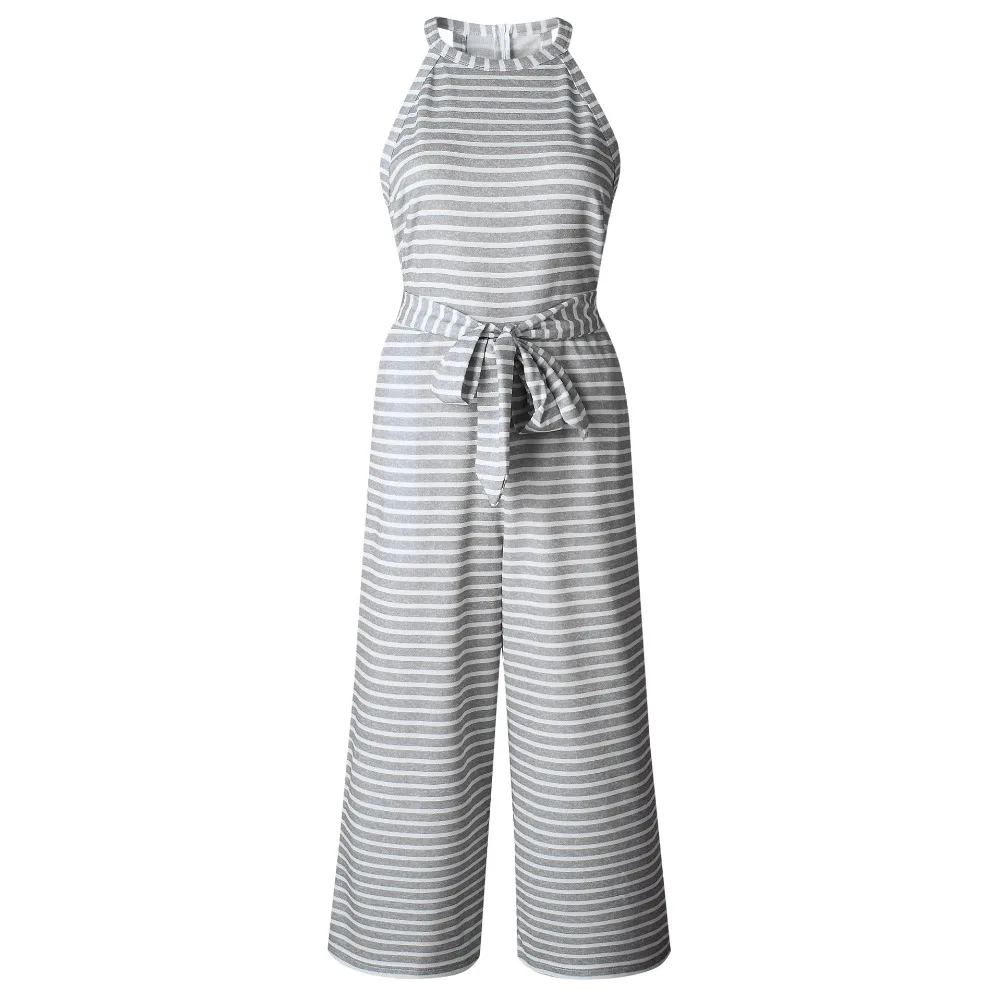 Oufisun Stripe Women Jumpsuits Sexy Sleeveless Casual Sashes Rompers Back Zipper Belt Wide Leg Pants Playsuits Overalls 2018 New