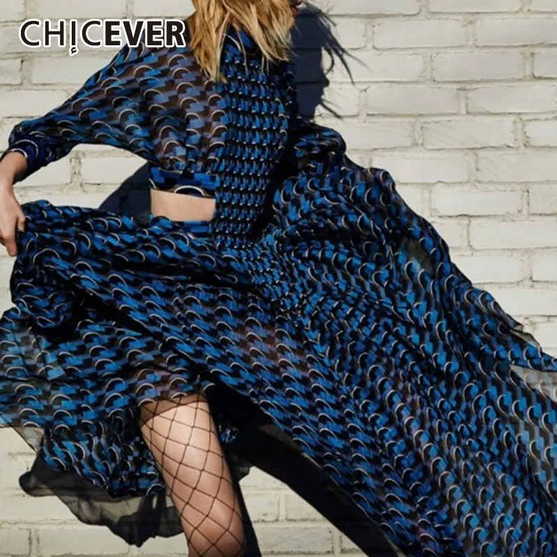 

CHICEVER Summer Print Dress For Women Stand Collar Long Sleeve High Waist Hollow Out Slim Midi Dresses Female Fashion 2019 New