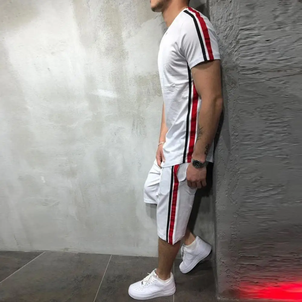 

Summer Men Set 2PC Sporting Suit Short Sleeve T shirt+Shorts Two Piece Set Sweatsuit+Pants Quick Drying Tracksuit Free Ring Sets