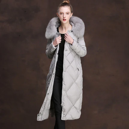 AYUNSUE, новинка, Женская парка на утином пуху, зимние куртки, натуральный Лисий мех, высокое качество, длинное пальто с капюшоном, Mujer Abriogs LX1014 - Цвет: gray