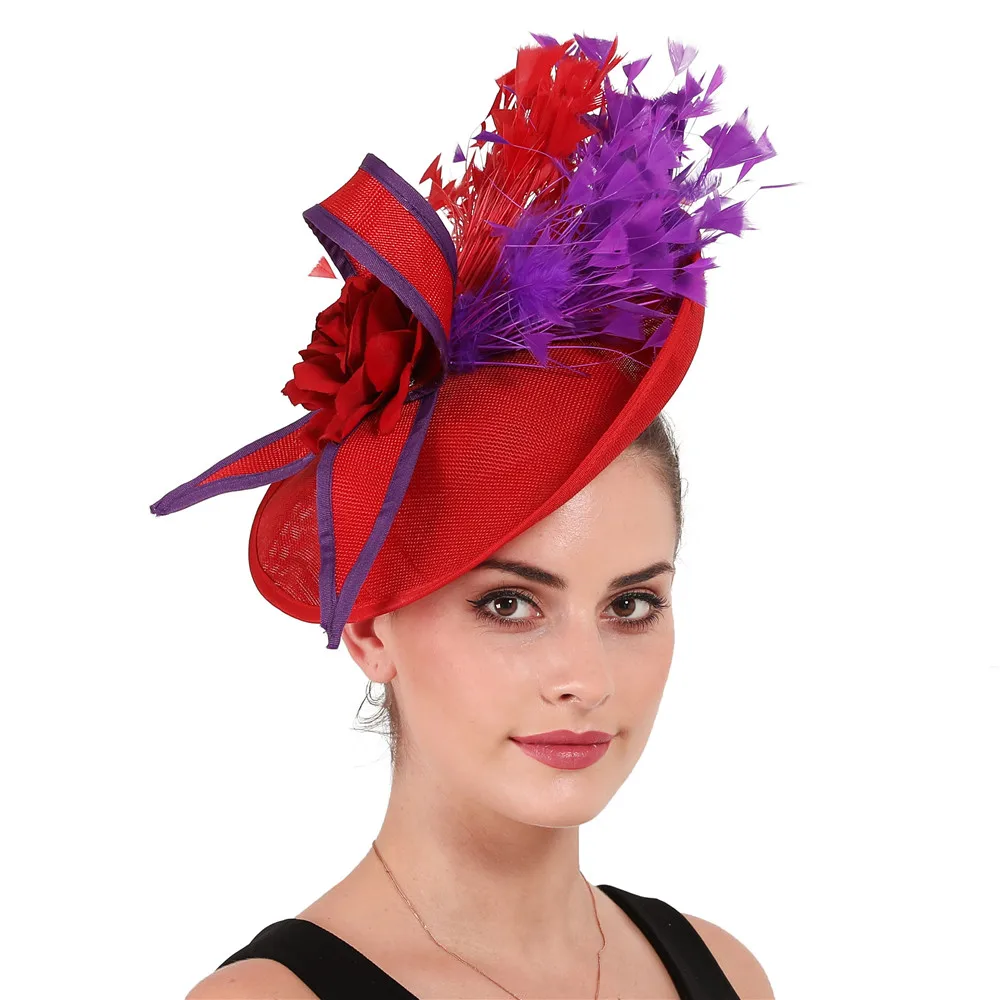 Elegant purple and red Feather Fascinator Wedding Bridal hairClip Hat for Party Cocktail Headpiece Lady Floral Pattern HeadWear