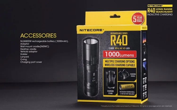 Прожектор NITECORE R40 фонарик+ 26650 зарядное устройство 1000LMs XP-L HI светодиодный фонарь