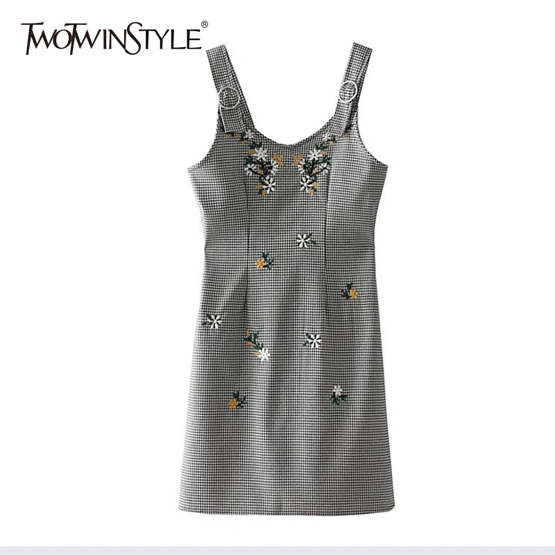 TWOTWINSTYLE Embroidery Floral Mini Vest Dress Femals Sleeveless Plaid Sexy Suspender Dresses Women 2020 Summer Casual Clothes