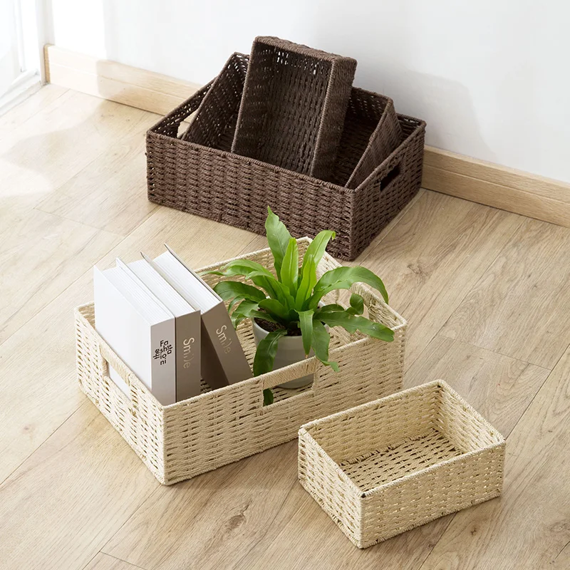 3 Sizes Paper Rope Weaving Storage Basket Desktop Rectangle Sundries