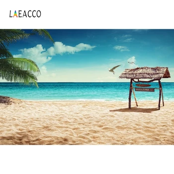 

Laeacco Sky Clouds Sea Beach Palm Tree Sign Summer Photography Backgrounds Customized Photographic Backdrops For Photo Studio