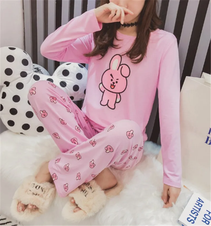 

KPOP BTS BT21 KOYA COOKY Bedgown Pajamas Pants Sleepwear Nightwear Korean Fashion Women Autumn Spring Long Sleeve Comfy Set