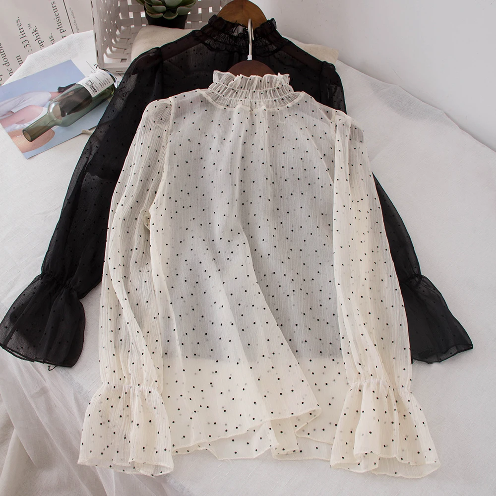 

HISUMA Women Summer Flare Sleeve Polka Dot Stand Collar Chiffon Ruffles Basic Shirt Casual Slim High Waist Pullover Blouse Tops