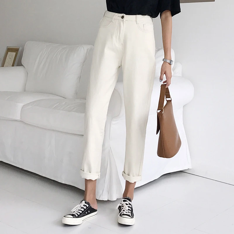 Koop Beige Vriendje Harem Jeans Voor Vrouwen Losse Vintage vrouwen Brede Jeans Met Hoge Taille Katoen Jean Vrouwelijke Boyfriend Denim broek