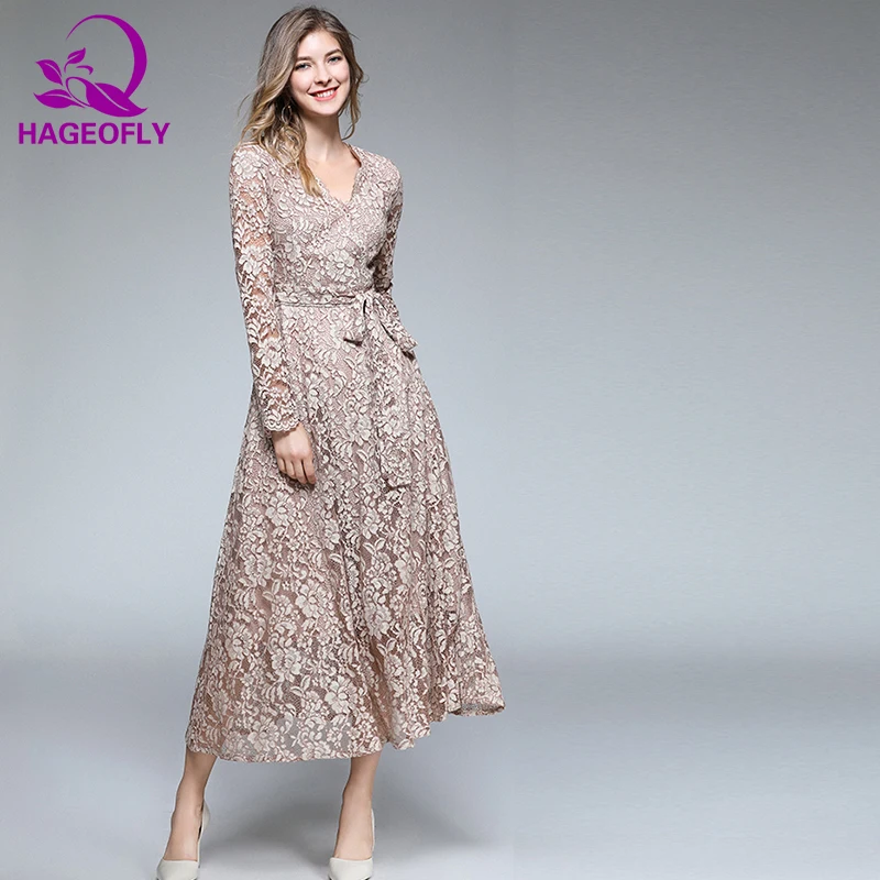

HAGEOFLY Autumn New Long Sleeve Dress Sashes Pleated Bow Lacing Loose Big Size Vintage Casual Khaki Lace Dress Long Vestidos