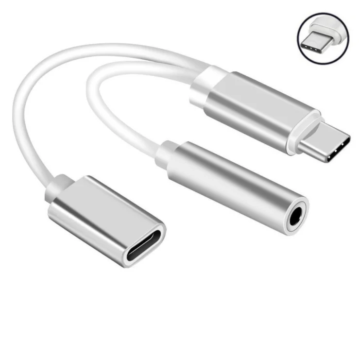 2 в 1 USB C type-C до 3,5 мм разъем для наушников адаптер AUX& сбор данных синхронизации кабель - Цвет: Серебристый