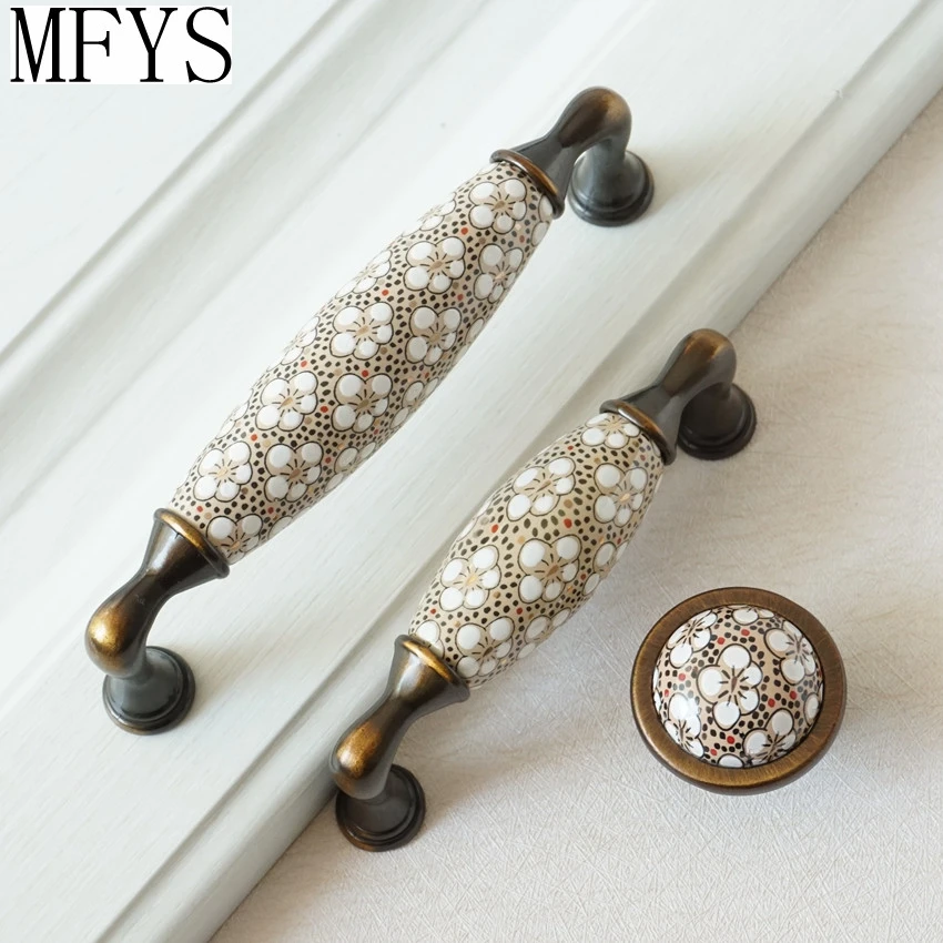 3.75'' 5'' Rustic Kitchen Handles Knobs Antique Bronze Ceramic Flower Door Handles Pulls Cabinet Pulls Dresser Knob Hardware