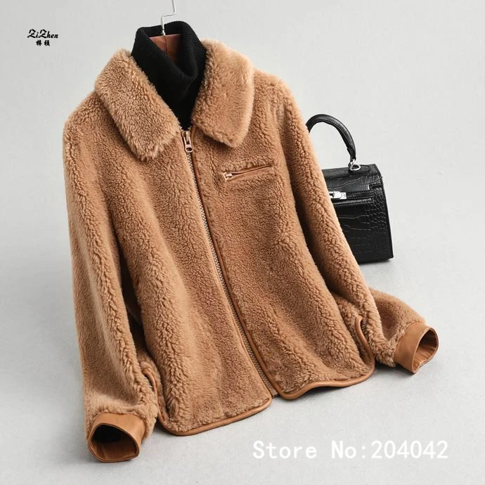 ZiZhen, Натуральная шерсть, однотонное пальто с натуральным мехом, с отложным воротником, куртка на молнии, шорты, весна-осень, новинка для женщин 190606-8,59339