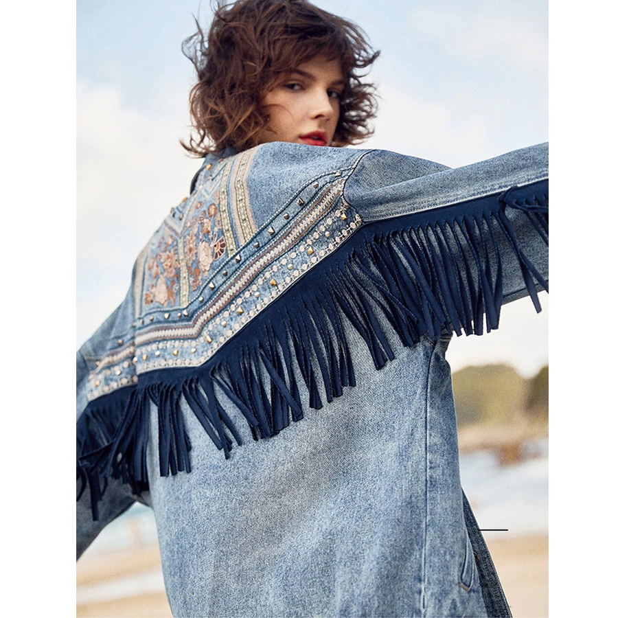 

TEELYNN Denim women jacket Autumn vintage floral Embroidery Suede fringe loose coat long sleeve Outerwear female boho jacket