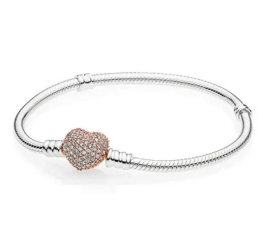

925 Sterling Silver Rose Heart Clasp Snake Chain Pandora Bracelet Bangle Fit Women Bead Charm Diy Europe Jewelry