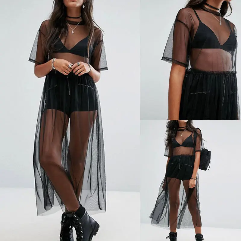2022 Summer Volie Mesh Dresses Women See Through Black Gauze Mesh Sundress Half Sleeve Lace Sexy Outwear 1-Piece Summer