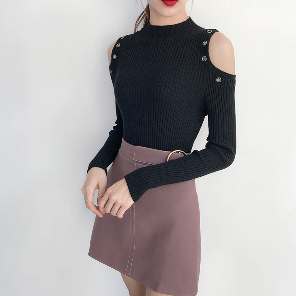 New 2018 Fashion Women Off Shoulder Long Sleeve Knitted Sweater Solid Skinny Slim Sweater High Stretch Pullover Casual Tops Sweaters